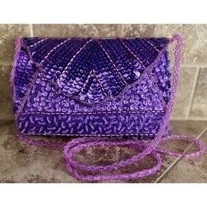 Purple Quartz Sand + Sequins Vintage Crossbody Purse Fully Beaded Hand Bag